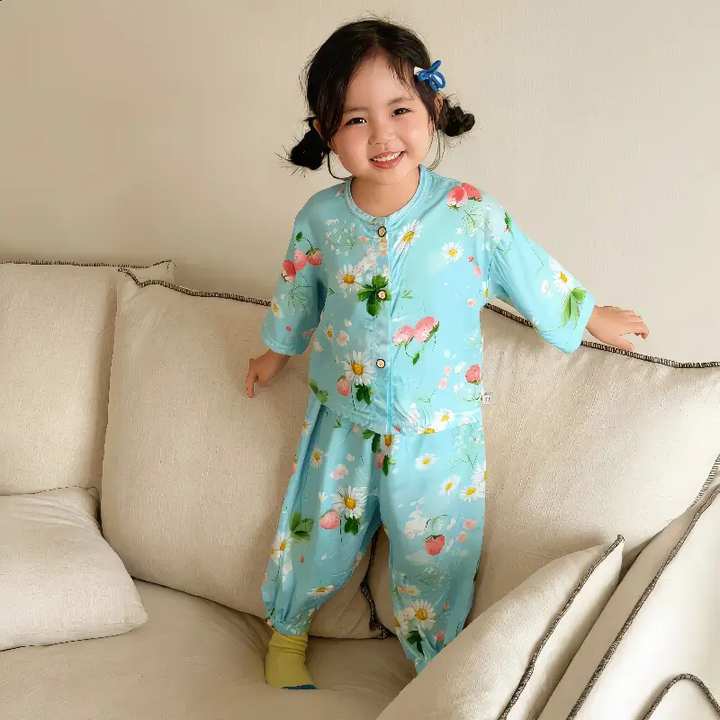 Children's Cotton Silk Home Clothes, Boys' and Girls' Artificial Cotton Pajamas Set, Boys' and Girls' Cardigan Cotton Silk Air-Conditioning Clothes Pajamas