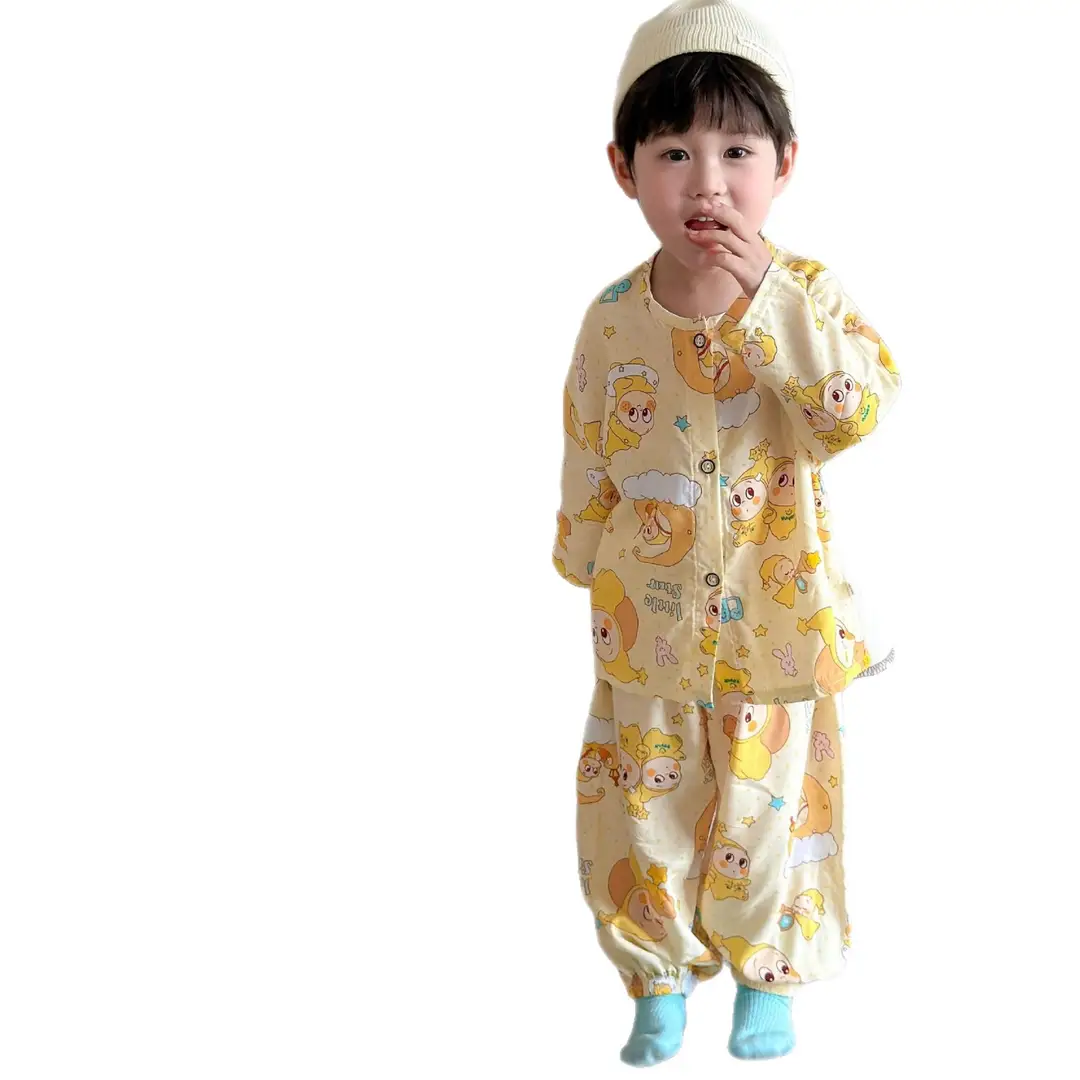 Children's Cotton Silk Home Clothes, Boys' and Girls' Artificial Cotton Pajamas Set, Boys' and Girls' Cardigan Cotton Silk Air-Conditioning Clothes Pajamas