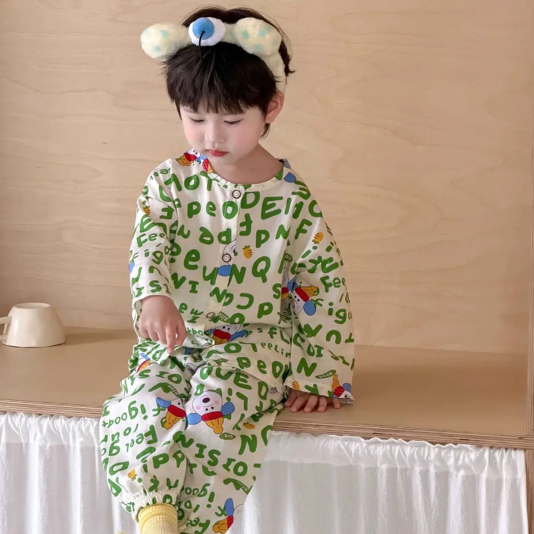 Children's Cotton Silk Home Clothes, Boys' and Girls' Artificial Cotton Pajamas Set, Boys' and Girls' Cardigan Cotton Silk Air-Conditioning Clothes Pajamas