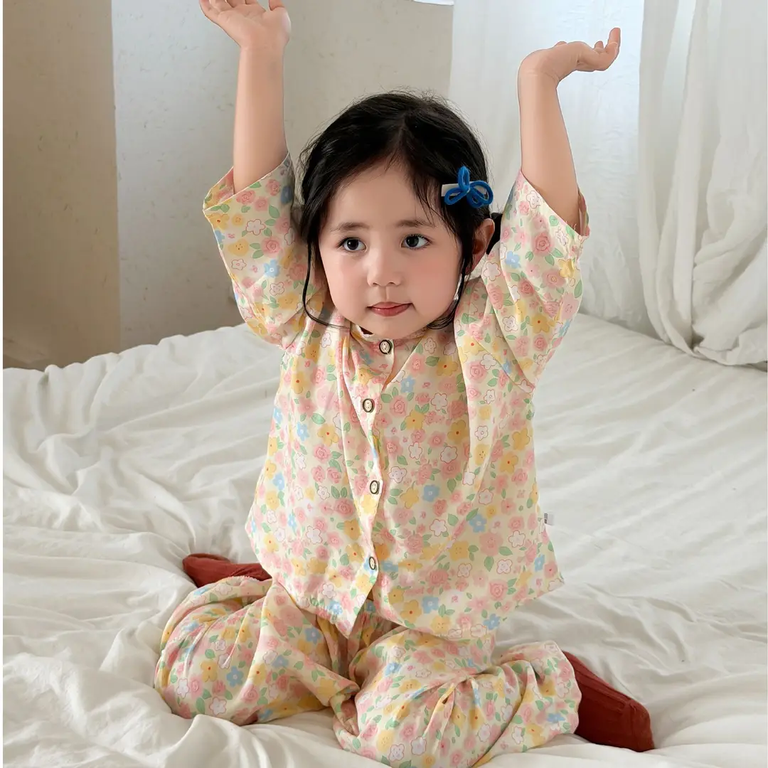 Children's Cotton Silk Home Clothes, Boys' and Girls' Artificial Cotton Pajamas Set, Boys' and Girls' Cardigan Cotton Silk Air-Conditioning Clothes Pajamas