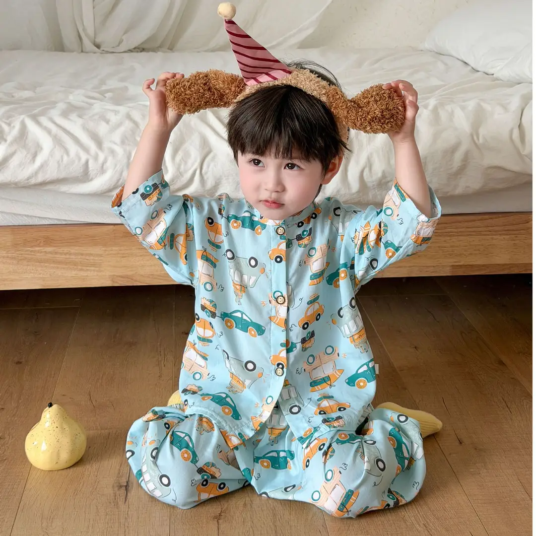 Children's Cotton Silk Home Clothes, Boys' and Girls' Artificial Cotton Pajamas Set, Boys' and Girls' Cardigan Cotton Silk Air-Conditioning Clothes Pajamas