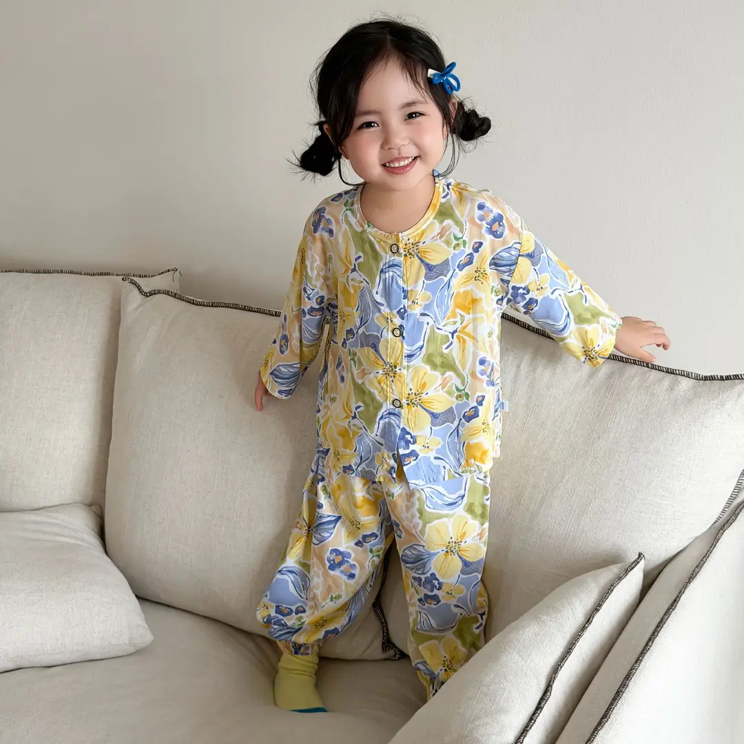 Children's Cotton Silk Home Clothes, Boys' and Girls' Artificial Cotton Pajamas Set, Boys' and Girls' Cardigan Cotton Silk Air-Conditioning Clothes Pajamas