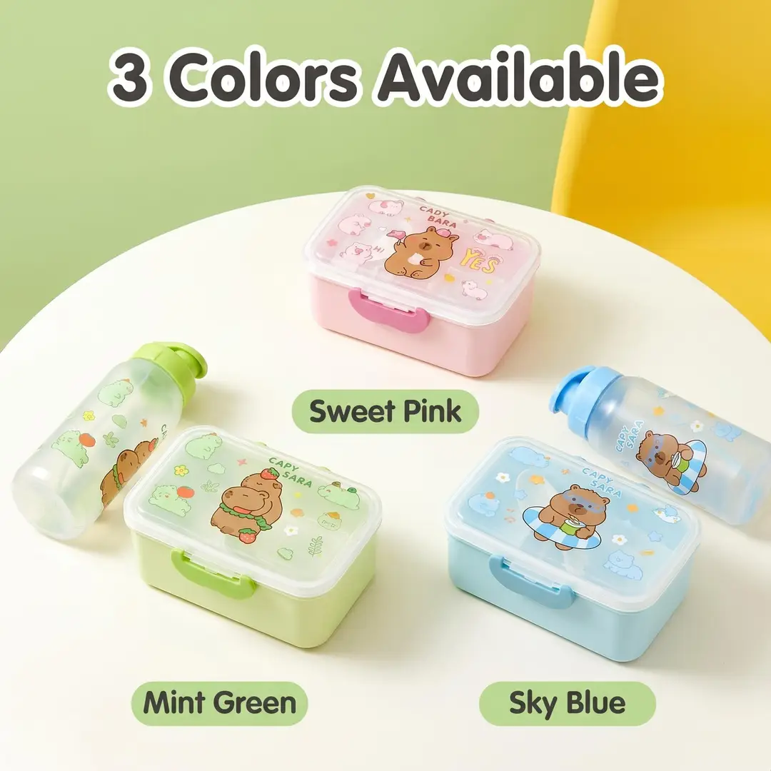 Capybara Lunch Box and Water Cup Set for Students and Office Workers, Large Capacity Double-Layer Lunch Box, High Transparency Cartoon Lunch Box