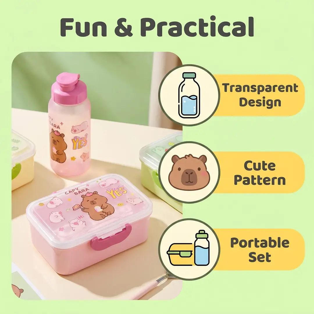 Capybara Lunch Box and Water Cup Set for Students and Office Workers, Large Capacity Double-Layer Lunch Box, High Transparency Cartoon Lunch Box