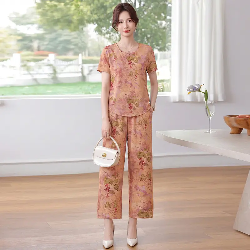 New Chinese-Style Summer Outfit for Mothers: Silk Satin Xiangyunsha Short-Sleeve Shirt Set, Plus-Size Pants Two-Piece Set for Middle-Aged and Elderly Women