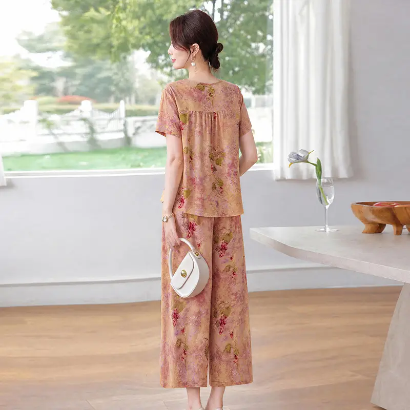 New Chinese-Style Summer Outfit for Mothers: Silk Satin Xiangyunsha Short-Sleeve Shirt Set, Plus-Size Pants Two-Piece Set for Middle-Aged and Elderly Women