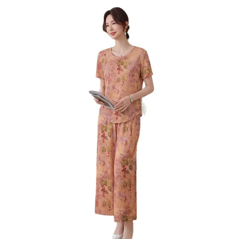 New Chinese-Style Summer Outfit for Mothers: Silk Satin Xiangyunsha Short-Sleeve Shirt Set, Plus-Size Pants Two-Piece Set for Middle-Aged and Elderly Women