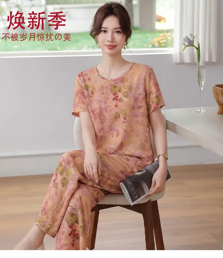 New Chinese-Style Summer Outfit for Mothers: Silk Satin Xiangyunsha Short-Sleeve Shirt Set, Plus-Size Pants Two-Piece Set for Middle-Aged and Elderly Women — feature 1
