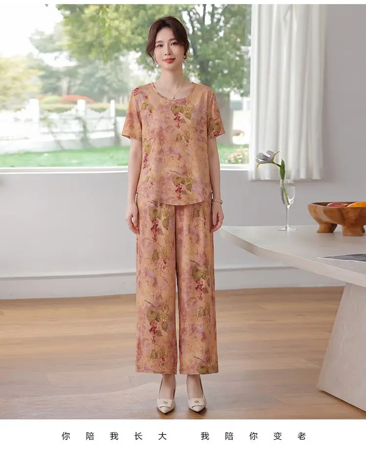 New Chinese-Style Summer Outfit for Mothers: Silk Satin Xiangyunsha Short-Sleeve Shirt Set, Plus-Size Pants Two-Piece Set for Middle-Aged and Elderly Women — feature 9