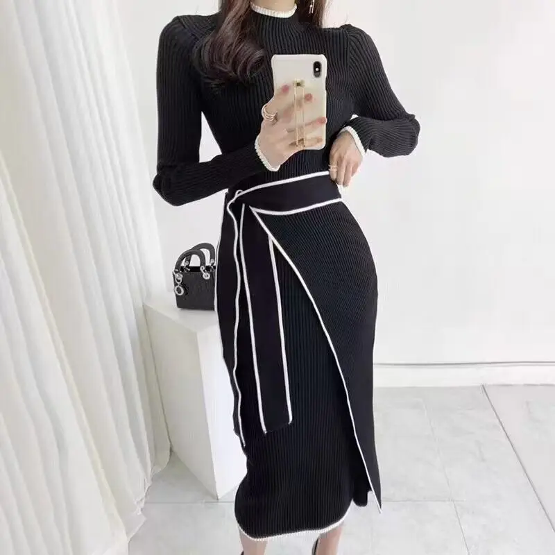 Autumn and Winter New Korean Style Elegant Stand-Up Collar Color-Blocked Ribbed Lace-Up Waist-Slimming Long-Sleeve Knit Dress for Women