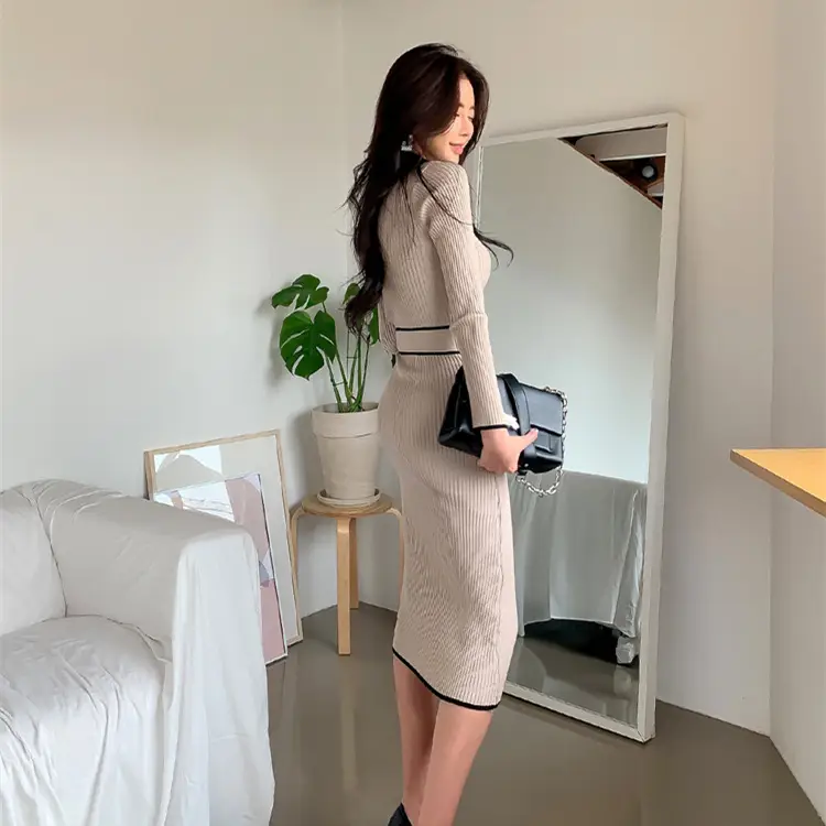 Autumn and Winter New Korean Style Elegant Stand-Up Collar Color-Blocked Ribbed Lace-Up Waist-Slimming Long-Sleeve Knit Dress for Women