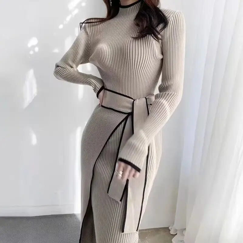 Autumn and Winter New Korean Style Elegant Stand-Up Collar Color-Blocked Ribbed Lace-Up Waist-Slimming Long-Sleeve Knit Dress for Women — feature 2