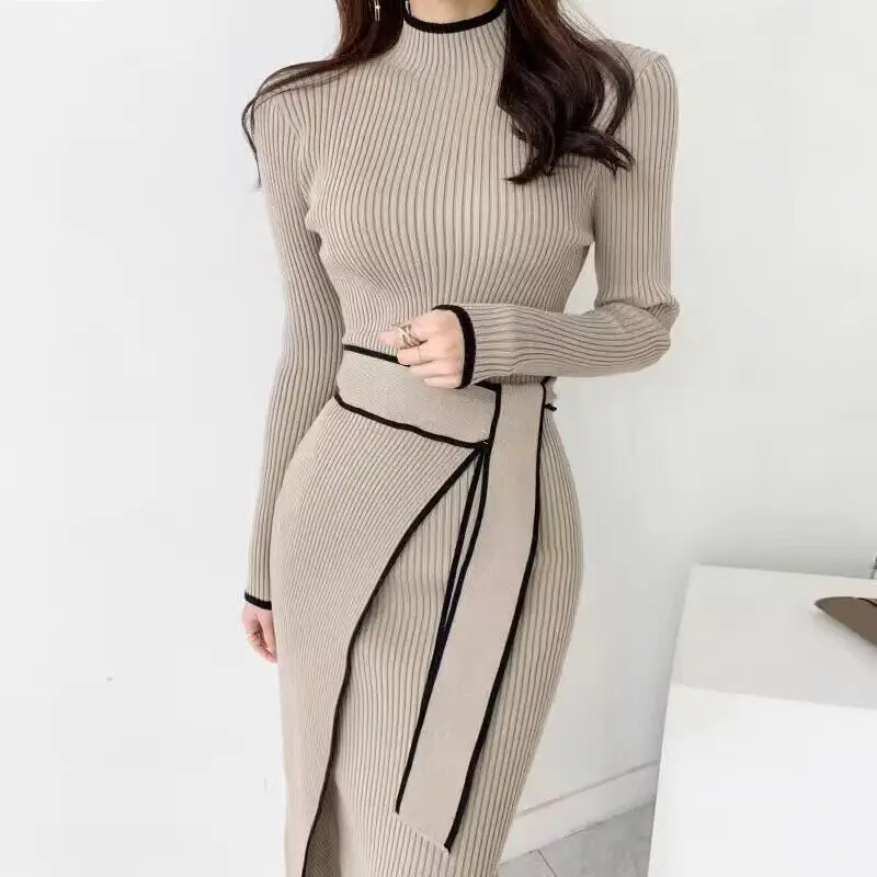 Autumn and Winter New Korean Style Elegant Stand-Up Collar Color-Blocked Ribbed Lace-Up Waist-Slimming Long-Sleeve Knit Dress for Women — feature 3
