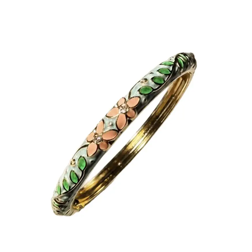 Cross-Border 0.6 Fine Cloisonné Enamel Bracelet with Floral Design, Large Rhinestones, Hanfu New Chinese Style, Open Hollow Design