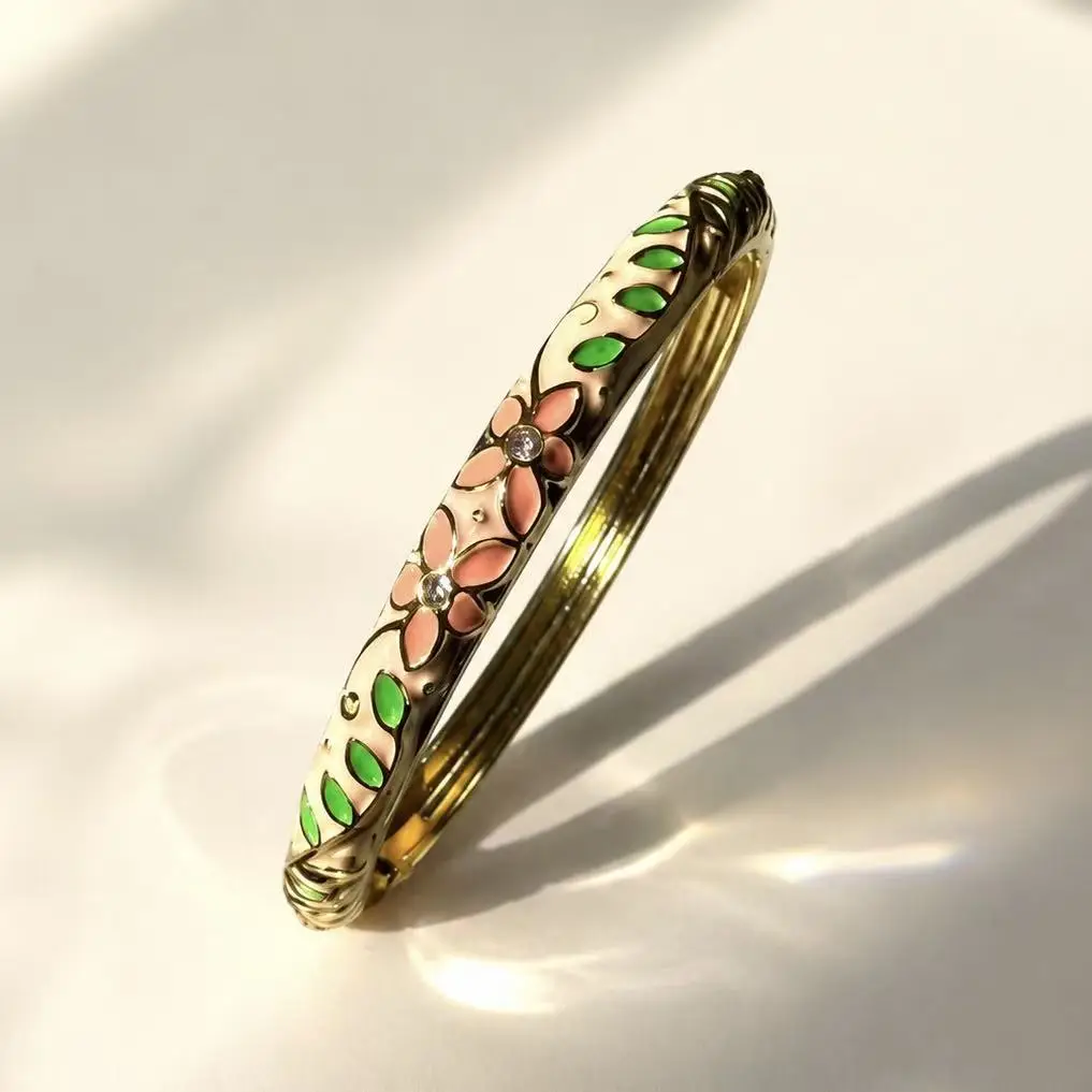 Cross-Border 0.6 Fine Cloisonné Enamel Bracelet with Floral Design, Large Rhinestones, Hanfu New Chinese Style, Open Hollow Design — feature 10