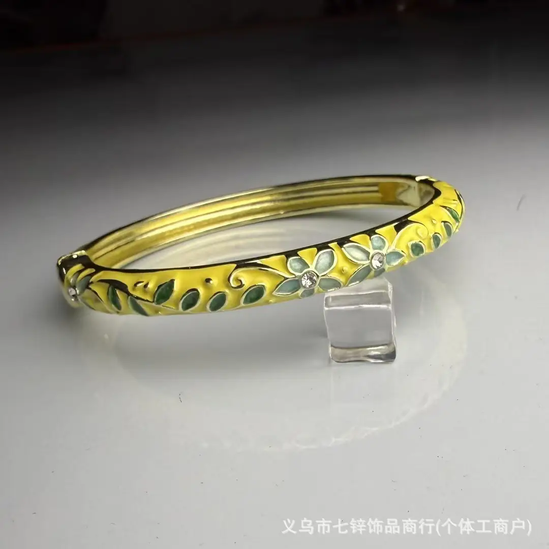 Cross-Border 0.6 Fine Cloisonné Enamel Bracelet with Floral Design, Large Rhinestones, Hanfu New Chinese Style, Open Hollow Design — feature 17
