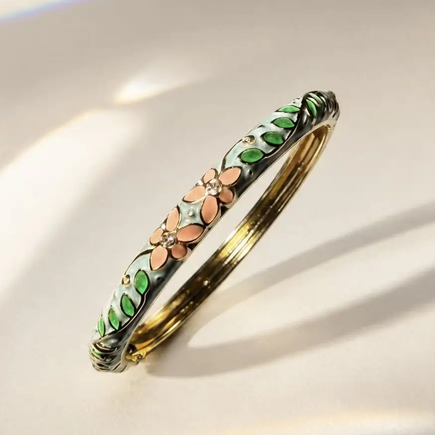 Cross-Border 0.6 Fine Cloisonné Enamel Bracelet with Floral Design, Large Rhinestones, Hanfu New Chinese Style, Open Hollow Design — feature 9