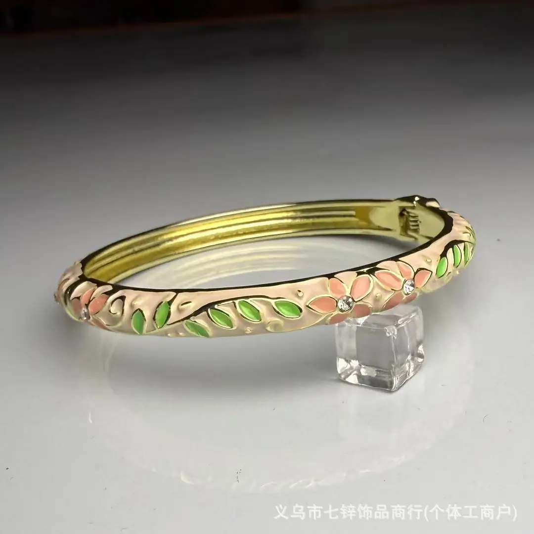 Cross-Border 0.6 Fine Cloisonné Enamel Bracelet with Floral Design, Large Rhinestones, Hanfu New Chinese Style, Open Hollow Design
