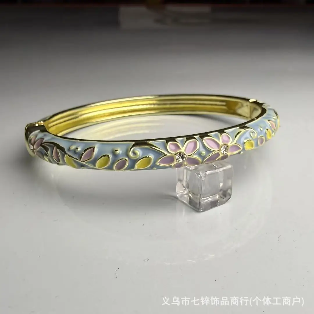 Cross-Border 0.6 Fine Cloisonné Enamel Bracelet with Floral Design, Large Rhinestones, Hanfu New Chinese Style, Open Hollow Design