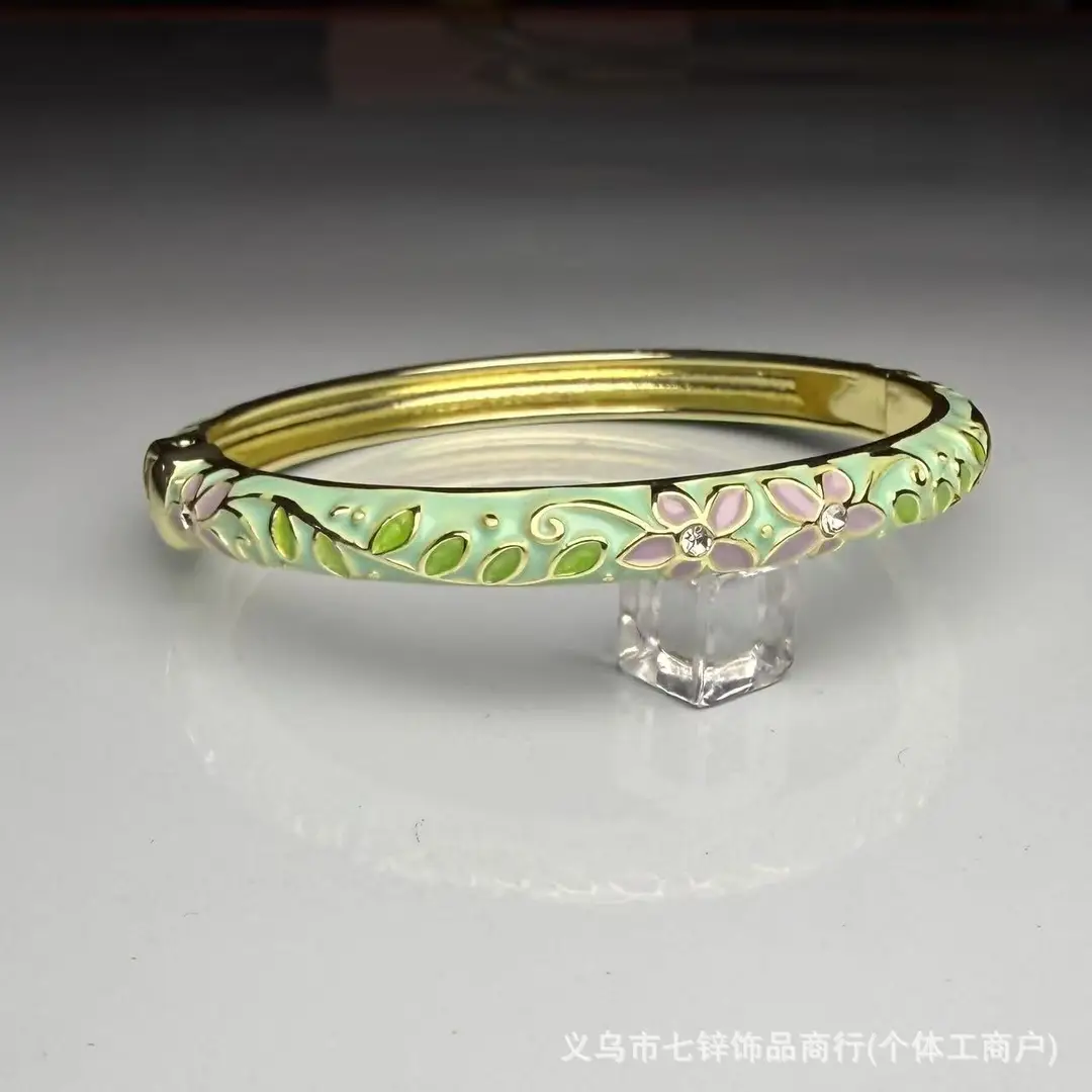 Cross-Border 0.6 Fine Cloisonné Enamel Bracelet with Floral Design, Large Rhinestones, Hanfu New Chinese Style, Open Hollow Design