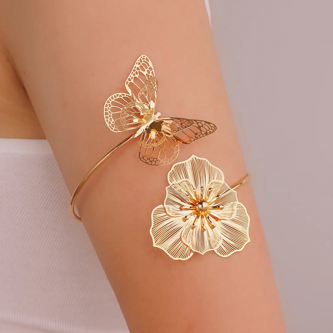 Cross-Border Hot-Selling Floral Open Arm Bracelet, Geometric Light Luxury Niche High-End Bracelet, Fashionable Arm Ring, Non-Fading Bracelet