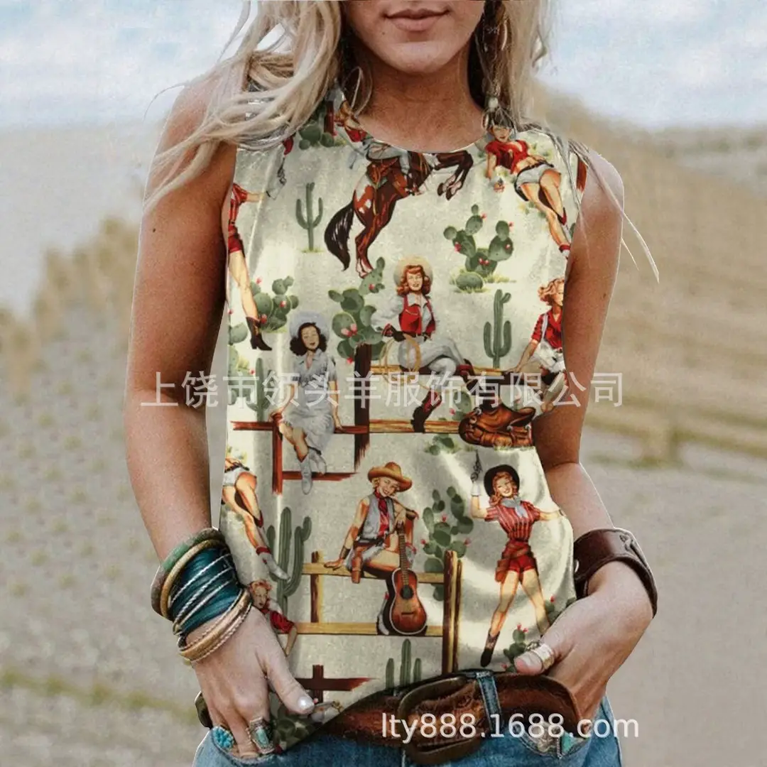 European and American Western Style Cactus Print Sleeveless Vest for Women, Retro American Style Loose Casual Top, Cross-Border Supply - Image 29