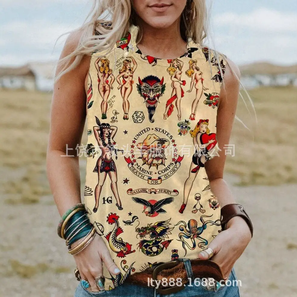 European and American Western Style Cactus Print Sleeveless Vest for Women, Retro American Style Loose Casual Top, Cross-Border Supply - Image 30