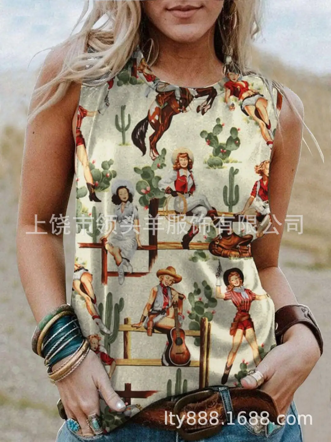 European and American Western Style Cactus Print Sleeveless Vest for Women, Retro American Style Loose Casual Top, Cross-Border Supply - Image 20