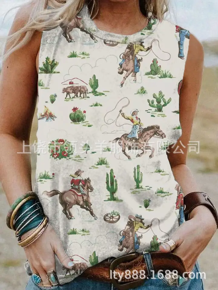 European and American Western Style Cactus Print Sleeveless Vest for Women, Retro American Style Loose Casual Top, Cross-Border Supply - Image 28