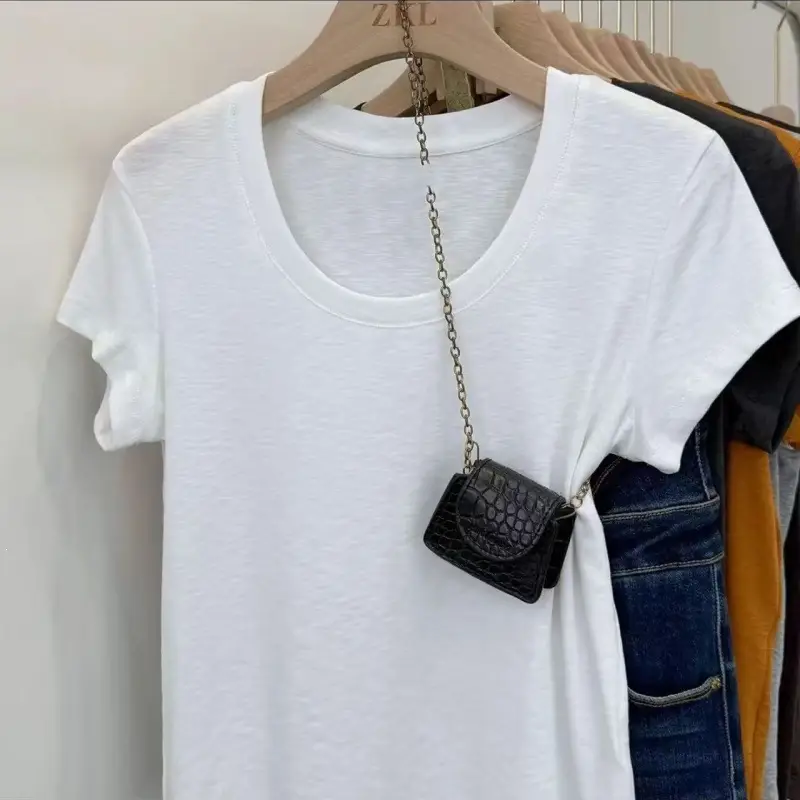 Summer Bamboo Cotton Raglan Collar Trendy U-Neck Simple Versatile Short-Sleeve T-Shirt for Women, Elegant Slim-Fit Versatile Top