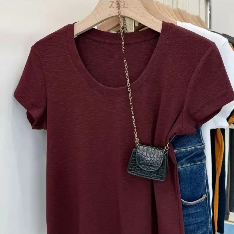 Summer Bamboo Cotton Raglan Collar Trendy U-Neck Simple Versatile Short-Sleeve T-Shirt for Women, Elegant Slim-Fit Versatile Top