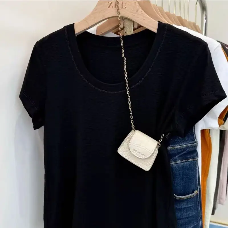 Summer Bamboo Cotton Raglan Collar Trendy U-Neck Simple Versatile Short-Sleeve T-Shirt for Women, Elegant Slim-Fit Versatile Top — feature 9