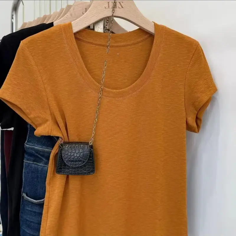 Summer Bamboo Cotton Raglan Collar Trendy U-Neck Simple Versatile Short-Sleeve T-Shirt for Women, Elegant Slim-Fit Versatile Top
