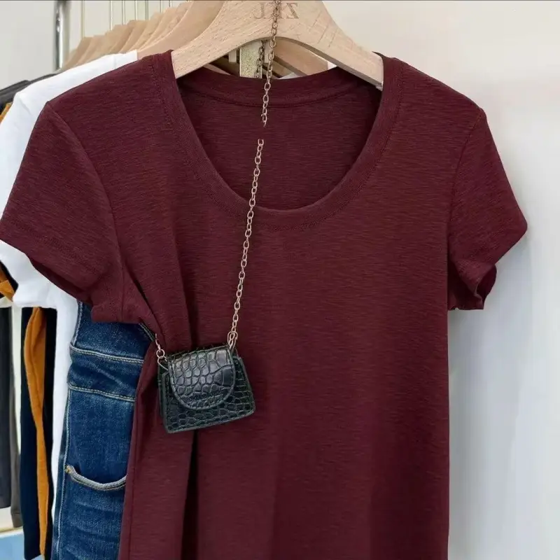 Summer Bamboo Cotton Raglan Collar Trendy U-Neck Simple Versatile Short-Sleeve T-Shirt for Women, Elegant Slim-Fit Versatile Top
