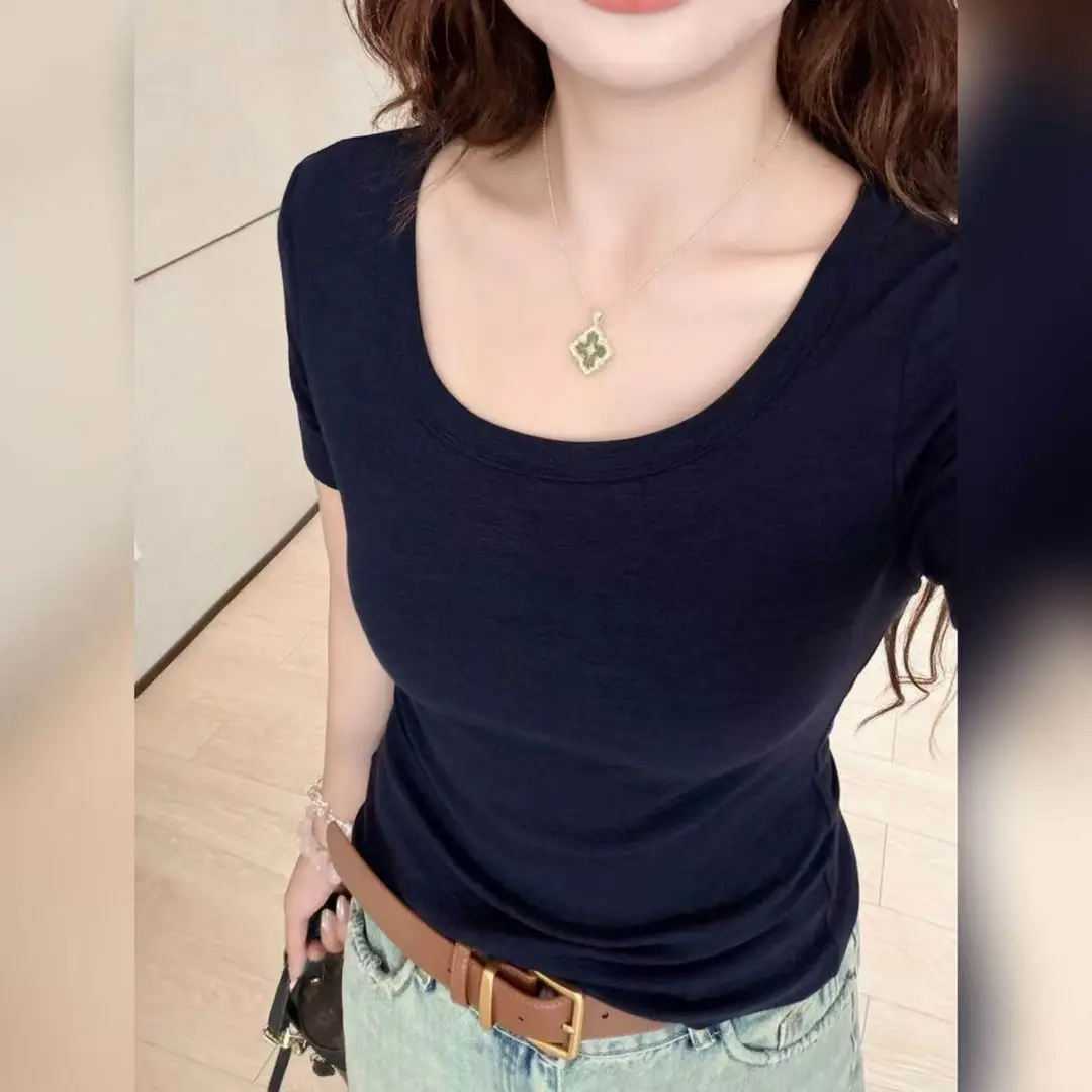 Summer Bamboo Cotton Raglan Collar Trendy U-Neck Simple Versatile Short-Sleeve T-Shirt for Women, Elegant Slim-Fit Versatile Top