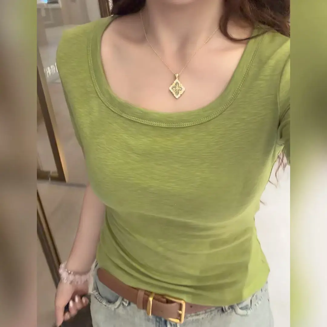 Summer Bamboo Cotton Raglan Collar Trendy U-Neck Simple Versatile Short-Sleeve T-Shirt for Women, Elegant Slim-Fit Versatile Top