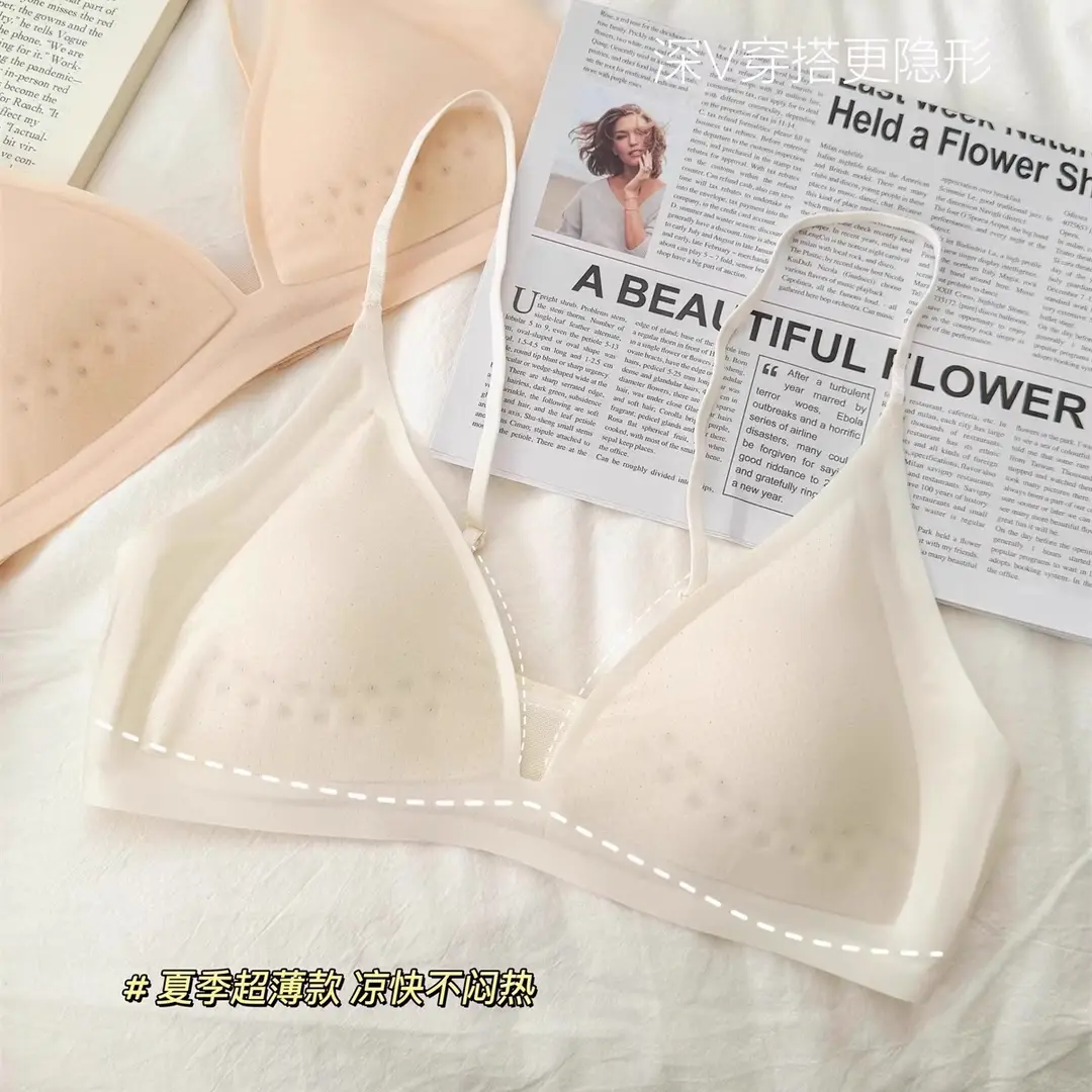 Summer Breath Bra Ultra-Thin Small Chest Underwear Women's French Style Deep V Invisible Thin Straps Jelly Strip Seamless Bra
