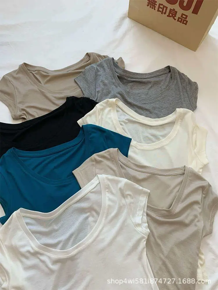 Tencel Short-Sleeve T-Shirt for Women, Summer Thin Style, Trendy Outerwear with a High-End Feel, Round Neck Slim-Fit Ice Silk Top