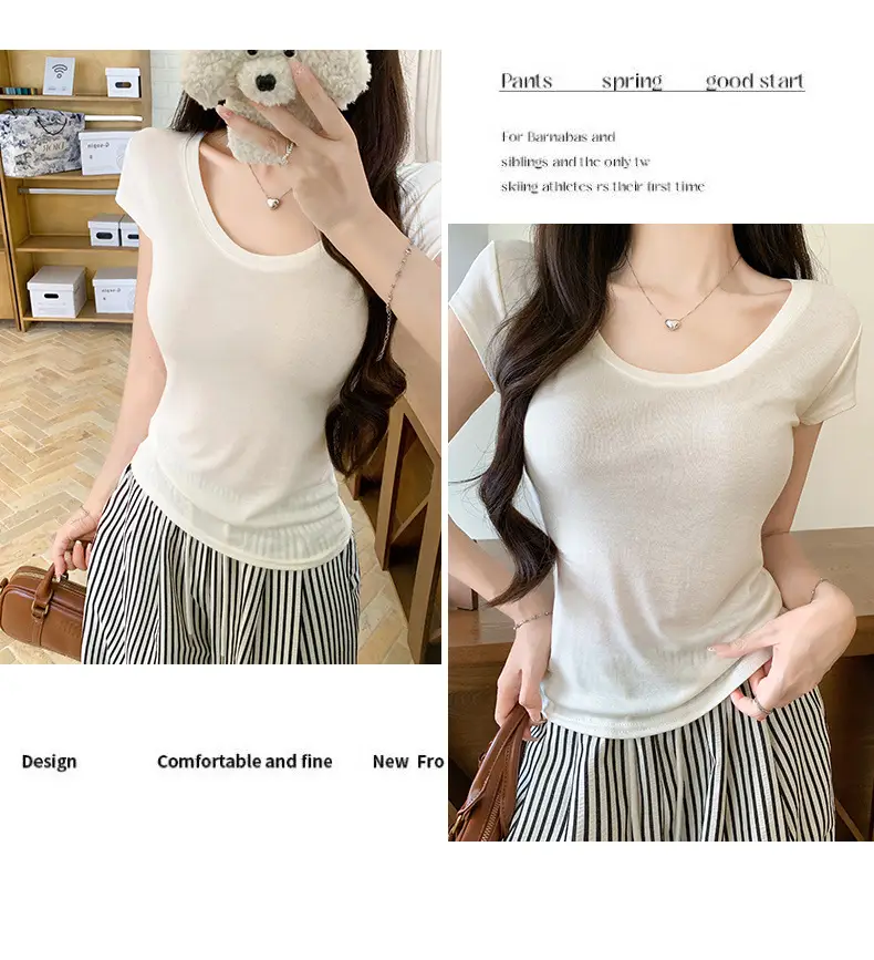 Tencel Short-Sleeve T-Shirt for Women, Summer Thin Style, Trendy Outerwear with a High-End Feel, Round Neck Slim-Fit Ice Silk Top — feature 11