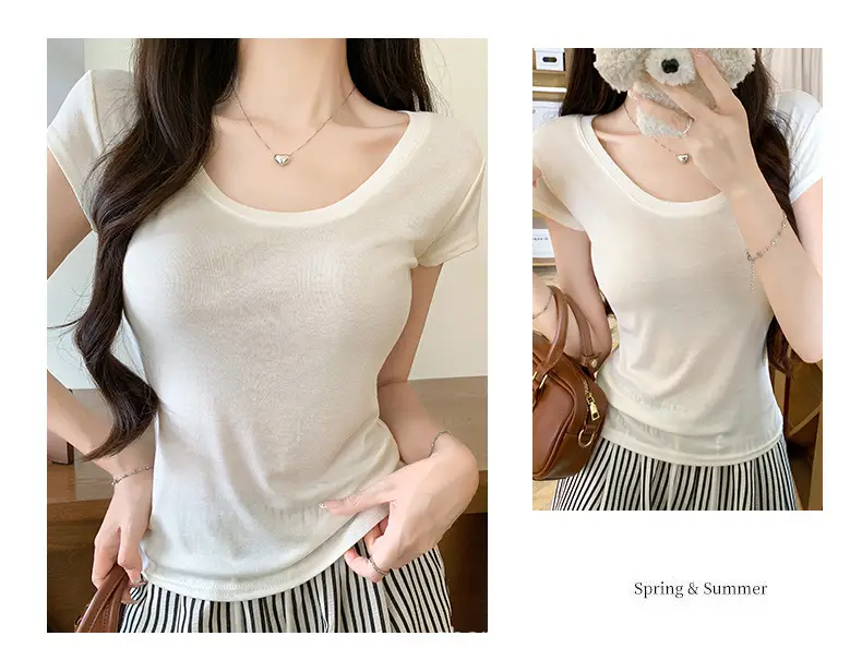 Tencel Short-Sleeve T-Shirt for Women, Summer Thin Style, Trendy Outerwear with a High-End Feel, Round Neck Slim-Fit Ice Silk Top — feature 13