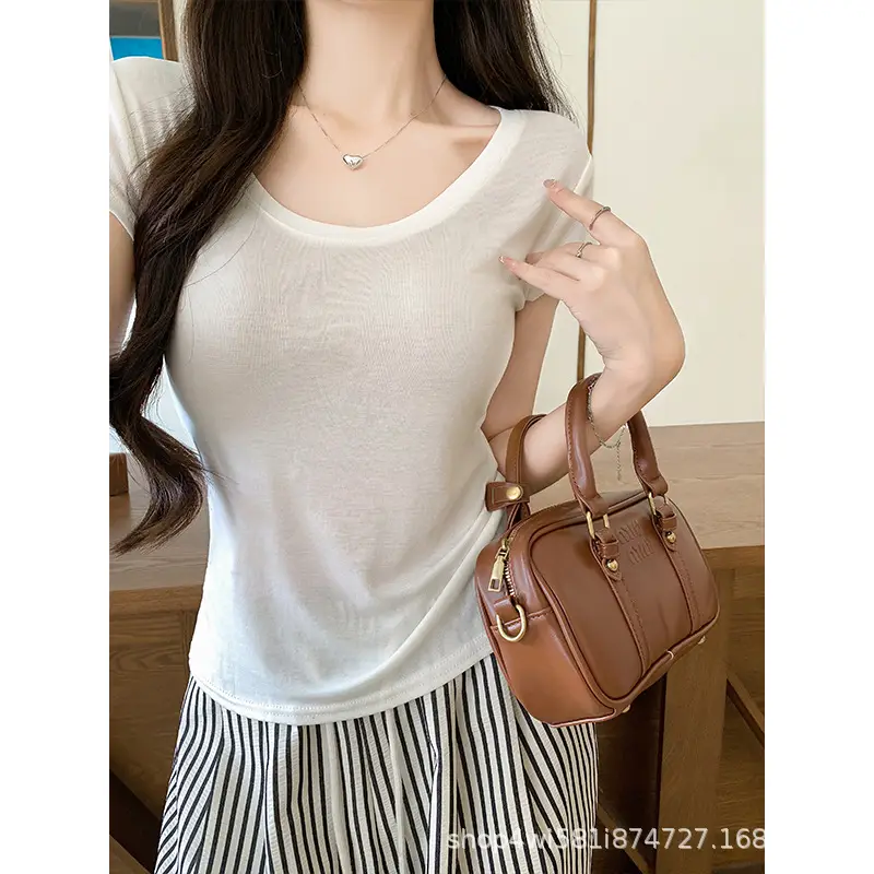 Tencel Short-Sleeve T-Shirt for Women, Summer Thin Style, Trendy Outerwear with a High-End Feel, Round Neck Slim-Fit Ice Silk Top