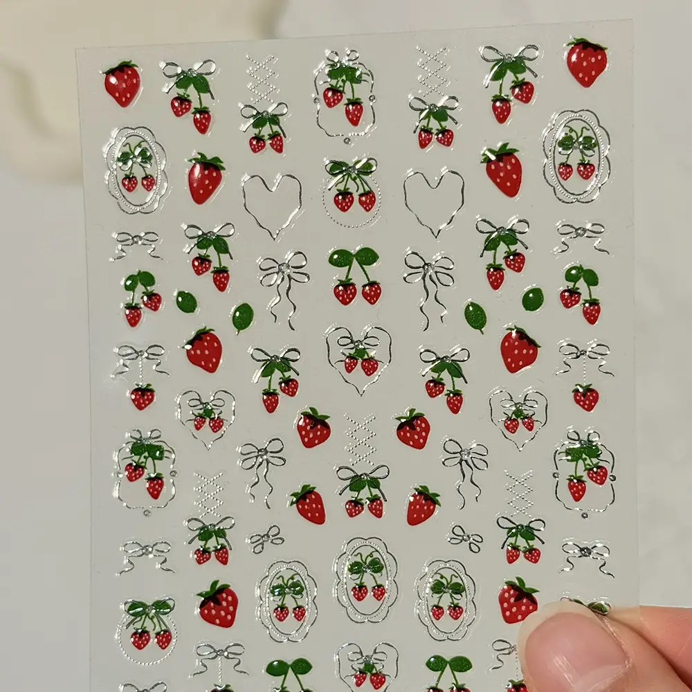 Jelly 3D Cherry Blossom Nail Stickers with a High-End Luxury Feel, Bowknot Strawberry Design, Brightening Nail Decoration 3D Stickers - Image 2