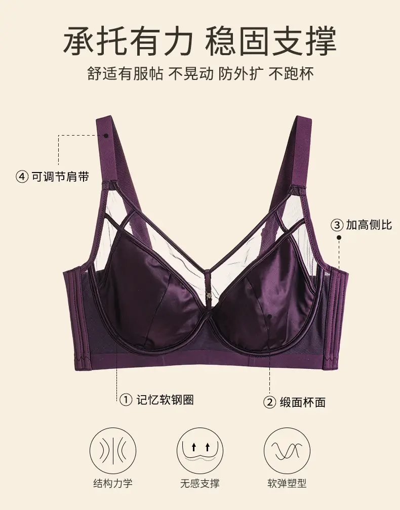 Seamless Satin Bra for Women with Large Busts, Slimming Thin Style, Soft Underwire, Side Breast Support, Anti-Sagging, Adjustable Bra — feature 3
