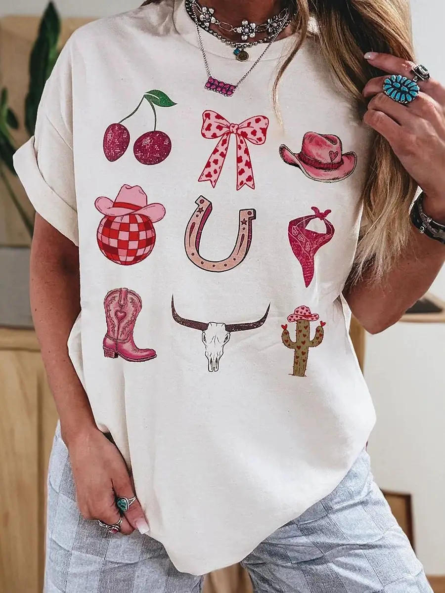 Independent Website Hot-Selling Summer New Round-Neck Pullover Shirt for Women, European and American Sweet-Cool Style, Western Print Loose T-Shirt for Women