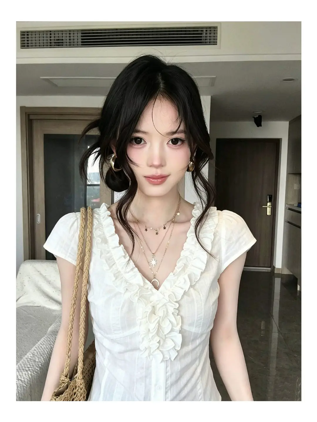 Fashionable French-Style Ruffled V-Neck Short-Sleeve Shirt for Women, Summer White Slim-Fit Stylish Top with a Pure and Alluring Vibe, Ins Style