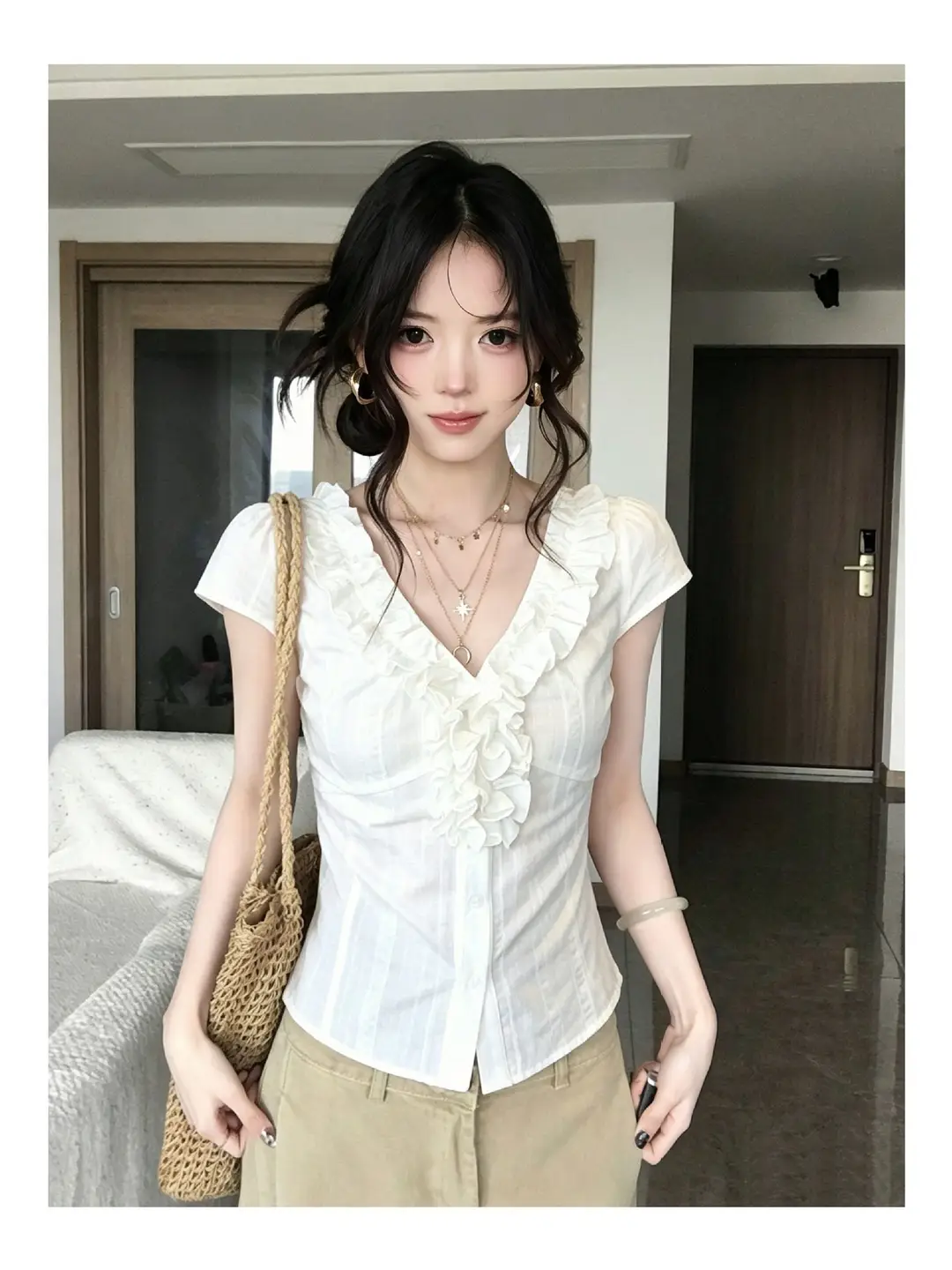 Fashionable French-Style Ruffled V-Neck Short-Sleeve Shirt for Women, Summer White Slim-Fit Stylish Top with a Pure and Alluring Vibe, Ins Style