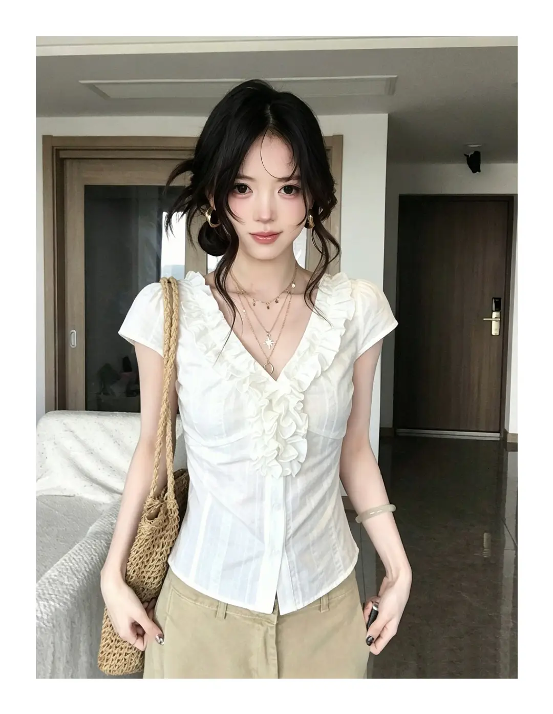 Fashionable French-Style Ruffled V-Neck Short-Sleeve Shirt for Women, Summer White Slim-Fit Stylish Top with a Pure and Alluring Vibe, Ins Style — feature 3