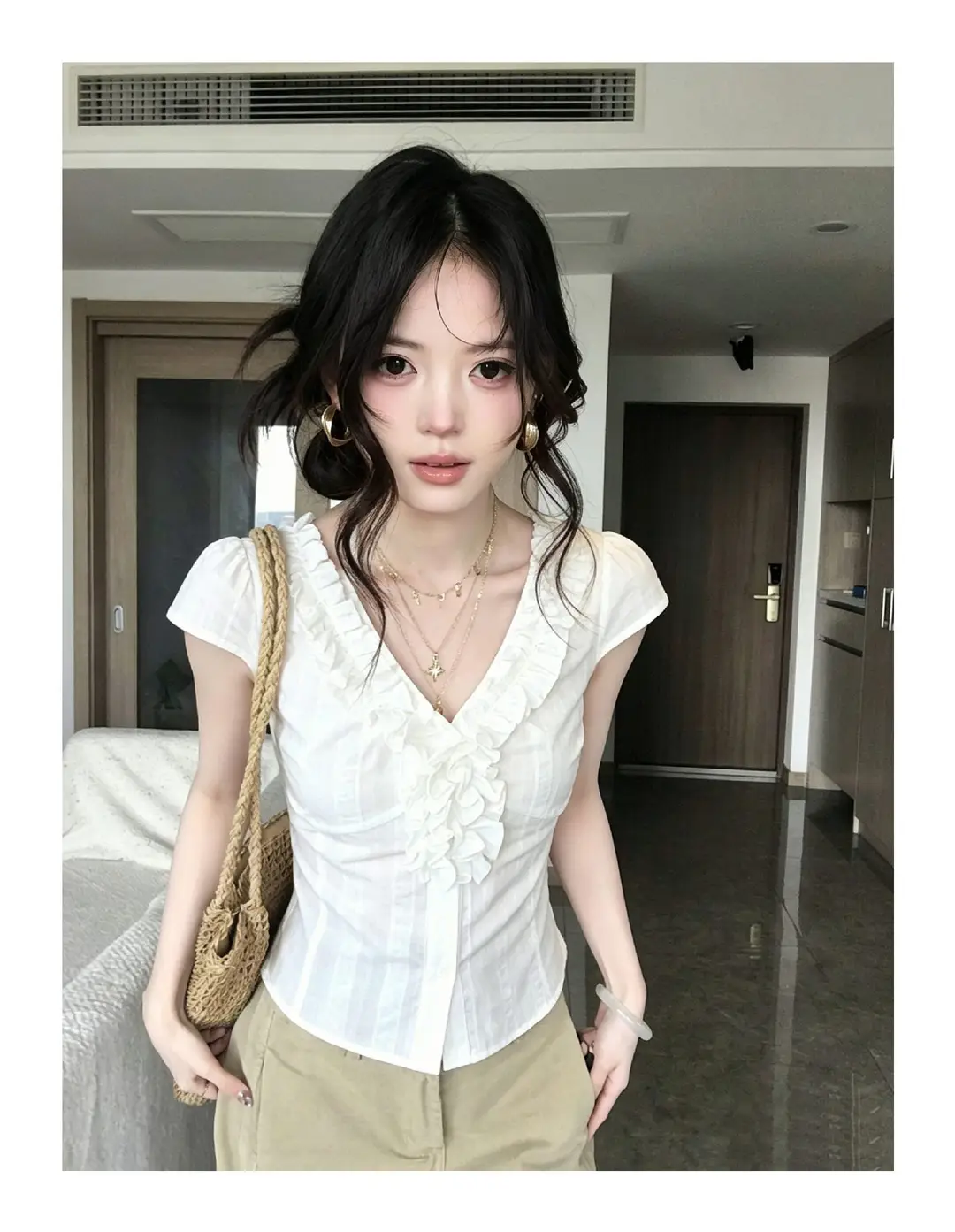 Fashionable French-Style Ruffled V-Neck Short-Sleeve Shirt for Women, Summer White Slim-Fit Stylish Top with a Pure and Alluring Vibe, Ins Style — feature 4