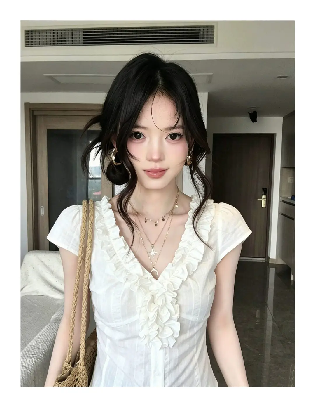 Fashionable French-Style Ruffled V-Neck Short-Sleeve Shirt for Women, Summer White Slim-Fit Stylish Top with a Pure and Alluring Vibe, Ins Style — feature 5