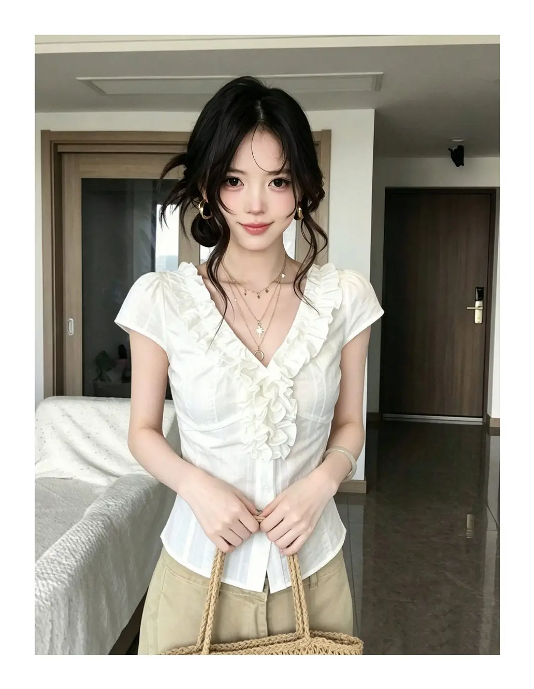 Fashionable French-Style Ruffled V-Neck Short-Sleeve Shirt for Women, Summer White Slim-Fit Stylish Top with a Pure and Alluring Vibe, Ins Style — feature 6
